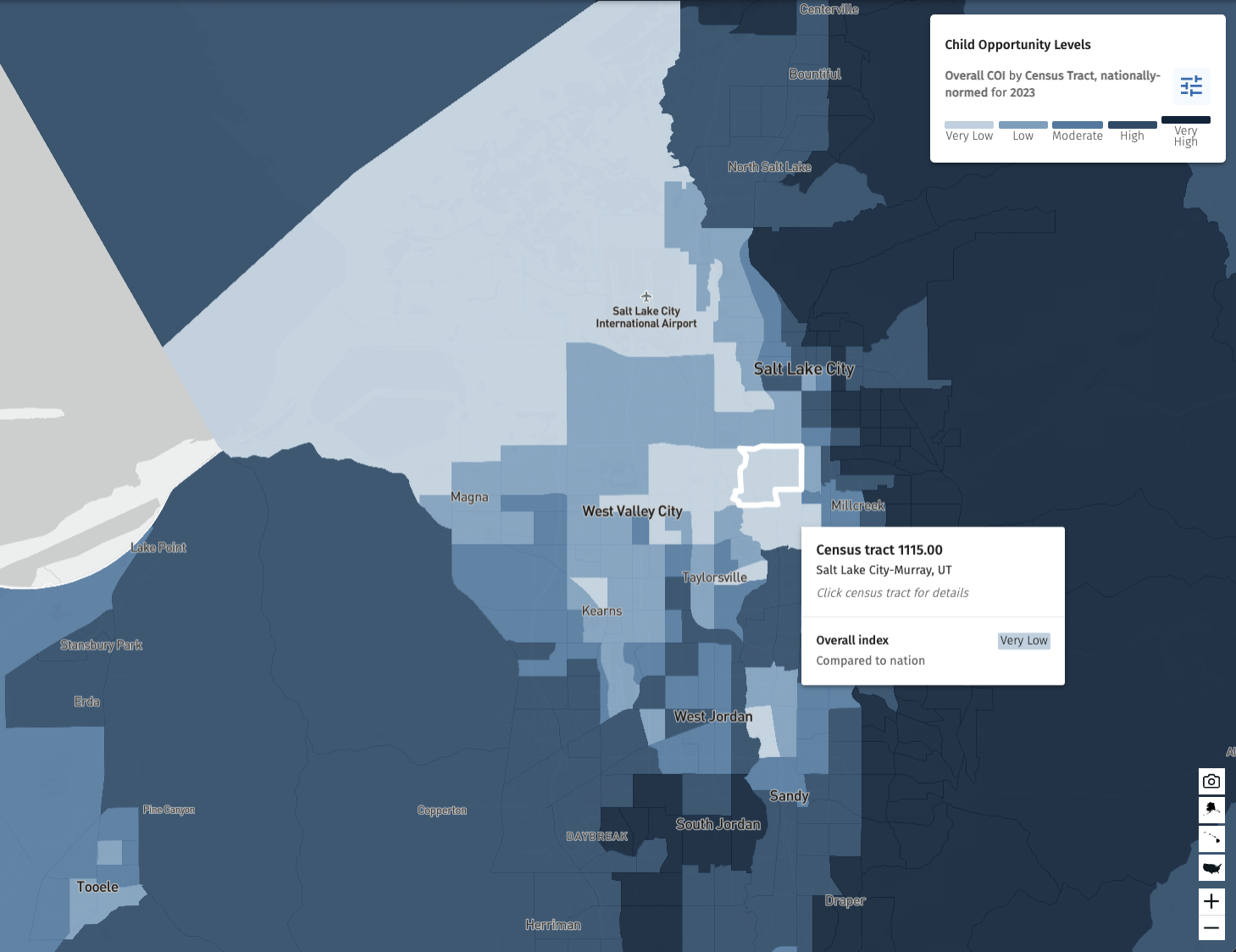 Child Opportunity Index — Salt Lake County west-side tracts score Very Low on education domains